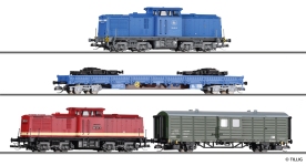 Tillig 01080 - TT - 4-tlg. Güterzug Diesellok BR 198 HSB-Loküberführung, Press, Ep. VI